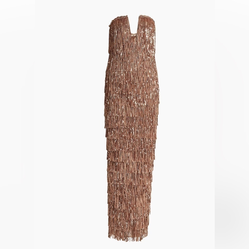Bronx & Banco | Isle Sequin Fringe Gown In Rose Gold Gown Size L -8 NEW - Picture 5 of 15